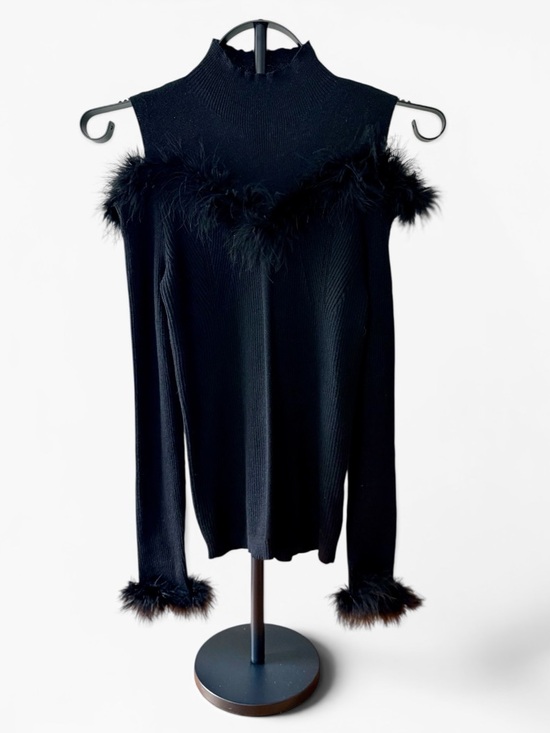 Queenia Sweaters - Queenia Black Feather Trim Cold Shoulder Sweater Top NWT Mock Neck Grunge Glam